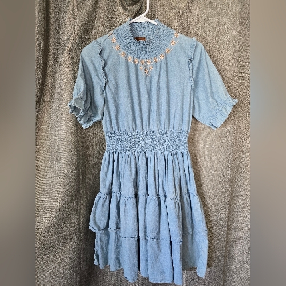 POL Anthropologie Chambray Tiered Short Sleeve Embroidered Mockneck Dress